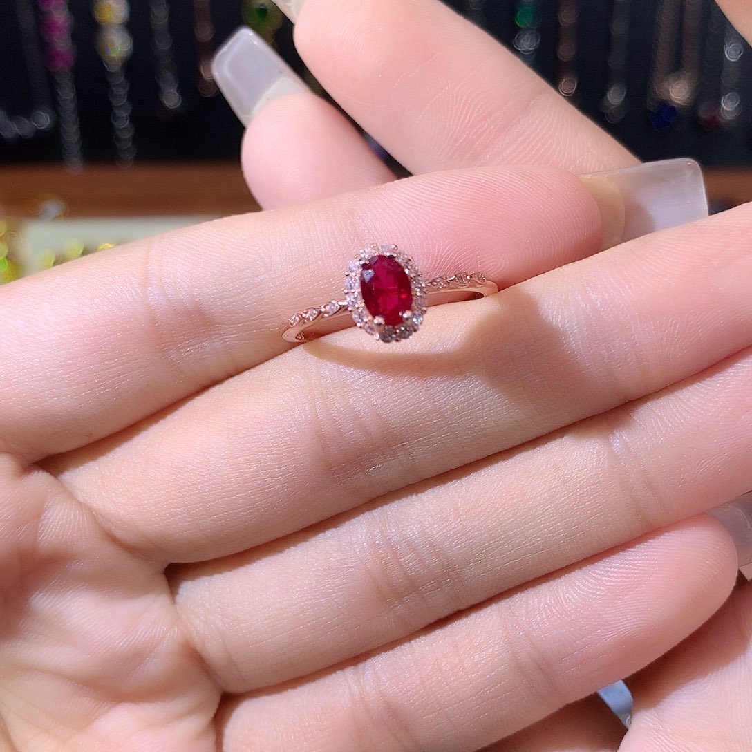 银S925镶嵌戒指红宝石酒红玫瑰金46