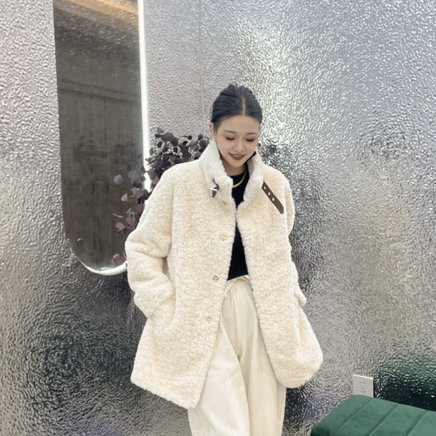 冬季新款女士小香风立领毛毛外套中长款宽松时尚保暖轻奢百搭显瘦