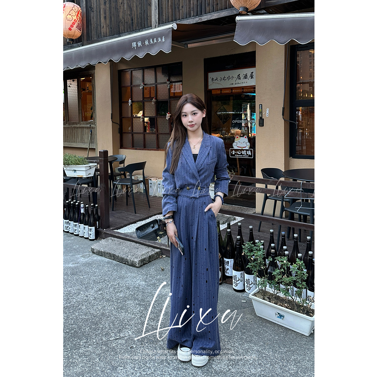 Liixu高级感西装套装女烫钻镂空外套美背阔腿裤三件套24TZ076
