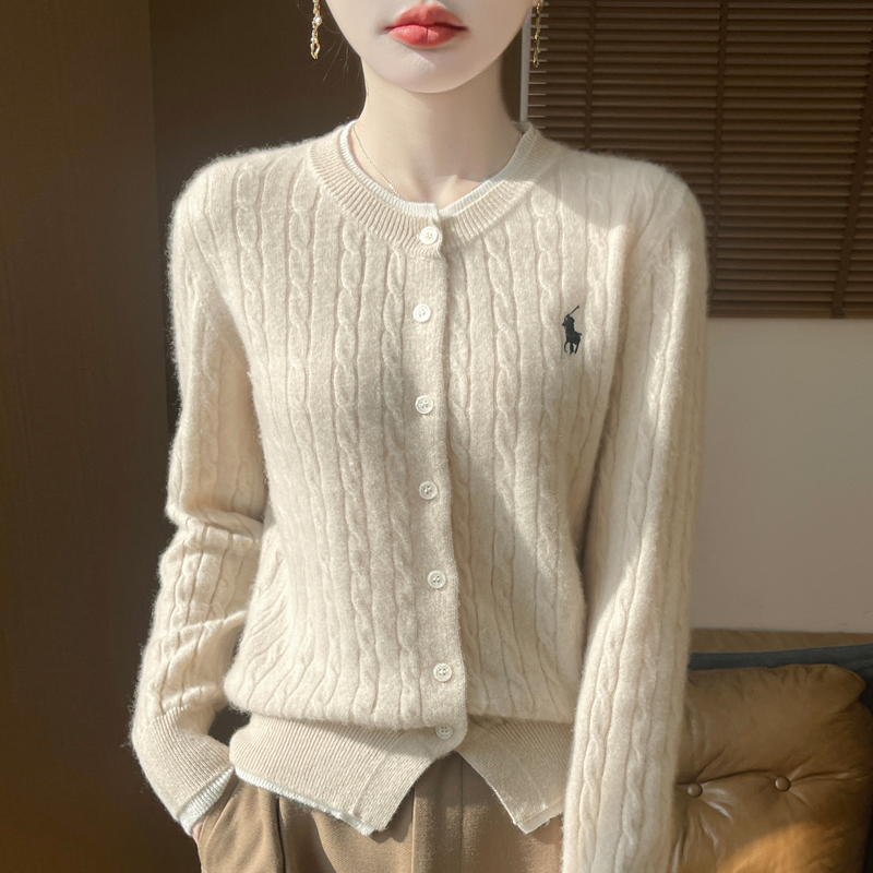 秋冬新款假两件开衫绞花针织衫外套刺绣毛衣圆领N458H