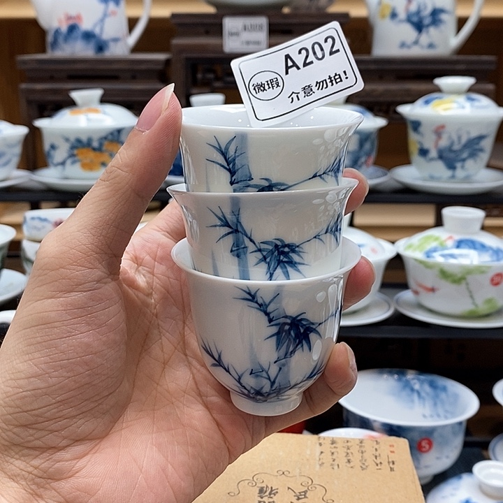手绘一物一拍三个装竹子主人杯75cc釉下彩微瑕福利款