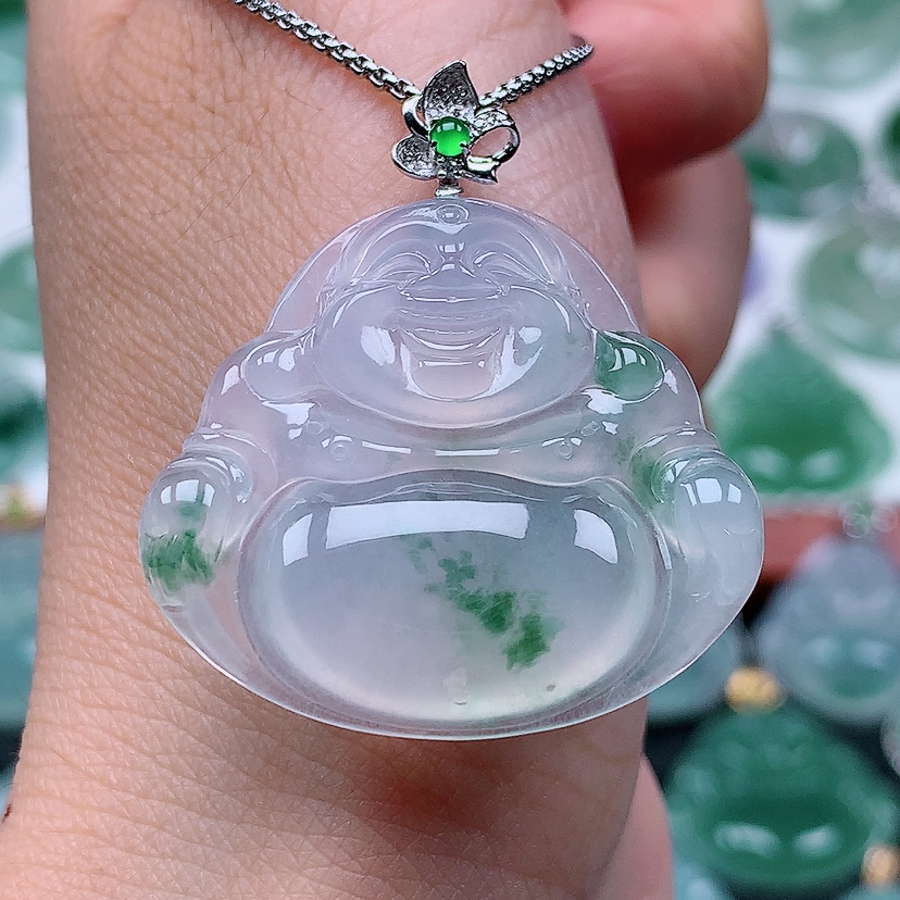 缅甸天然A货翡翠18k金镶嵌冰种飘绿佛公吊坠（尺寸31.5*34.8*6.2）