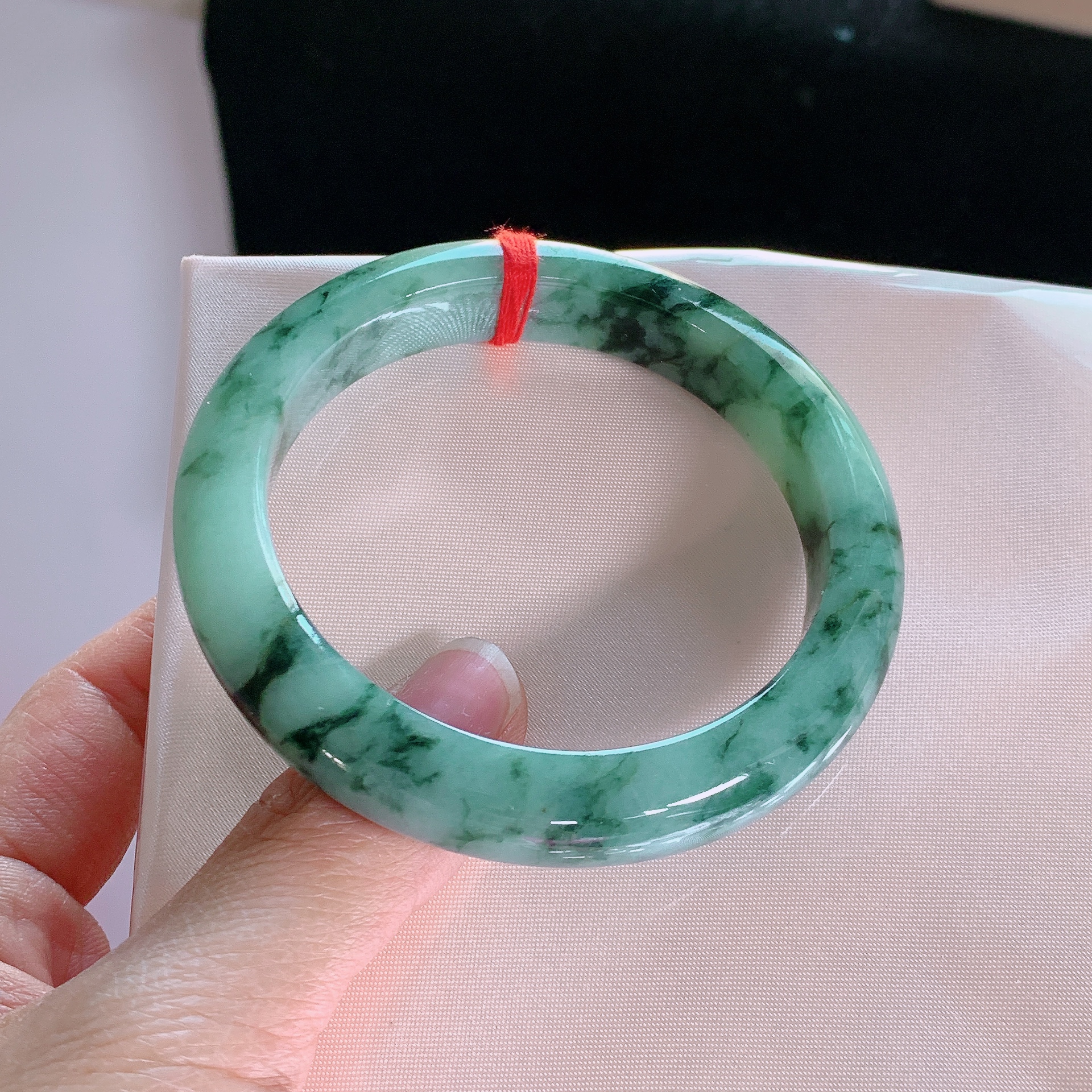 天然翡翠A货飘花手镯女款时尚宽边5859圈口1920号