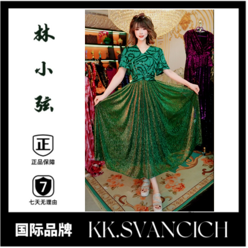 0295中年妈妈装V领高品质连衣裙长裙女装夏季新款显瘦遮肉显气质