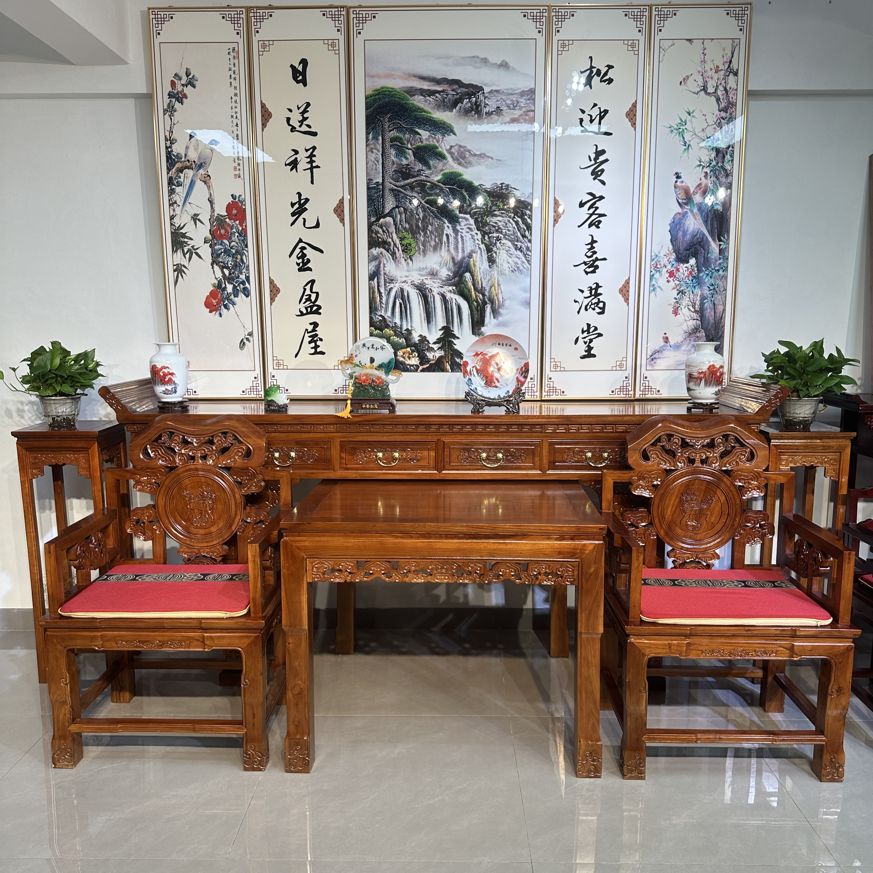 古典麒麟带抽屉款全实木北榆木中堂六件套别墅堂屋家具（专属链接）