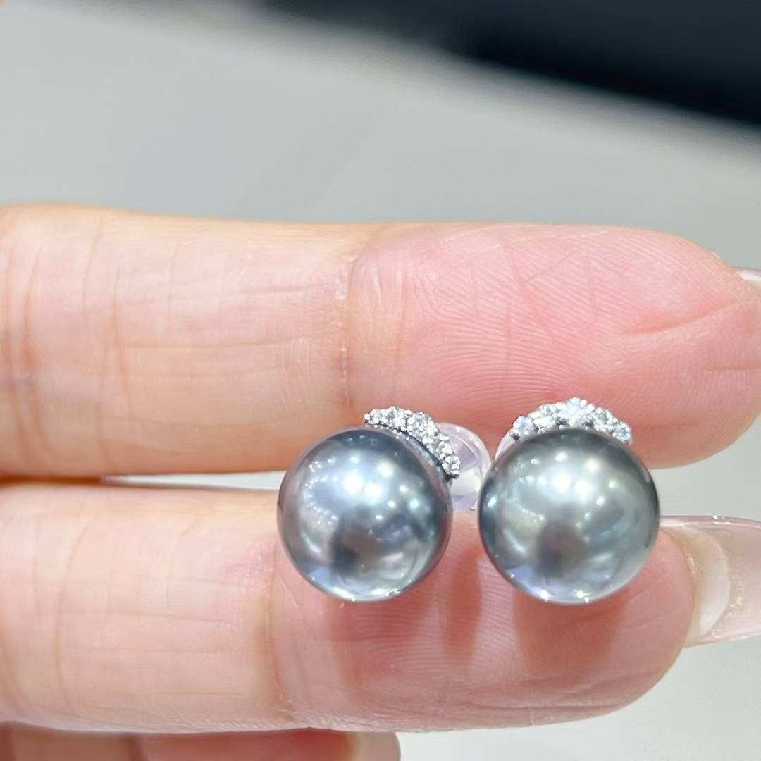 大溪地铂金灰珍珠耳环18k金镶嵌9-10mm