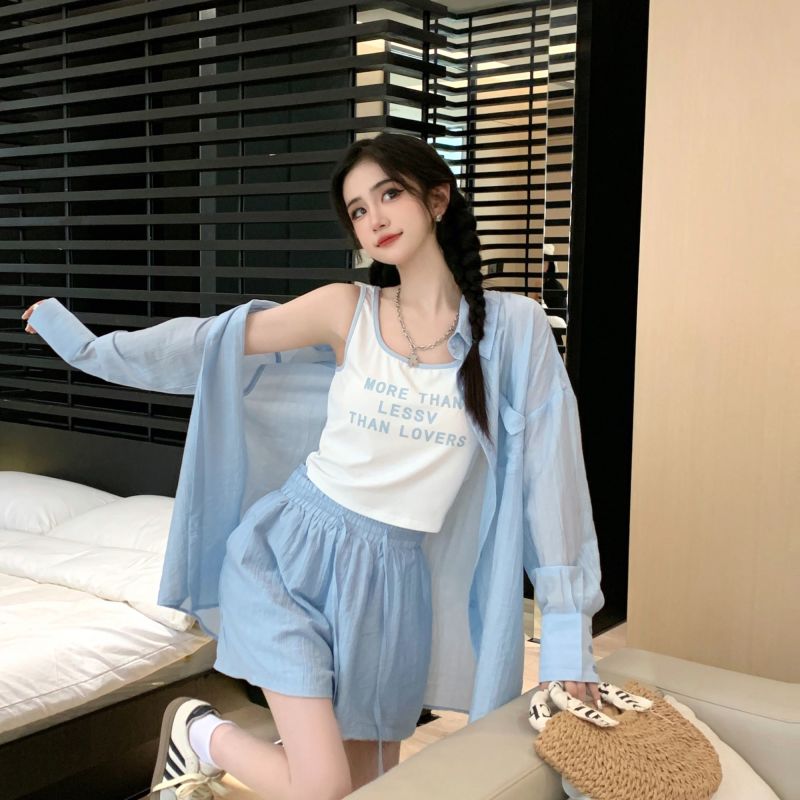 休闲时尚防晒字母2025背心新款春夏衬衫短裤三件套套装