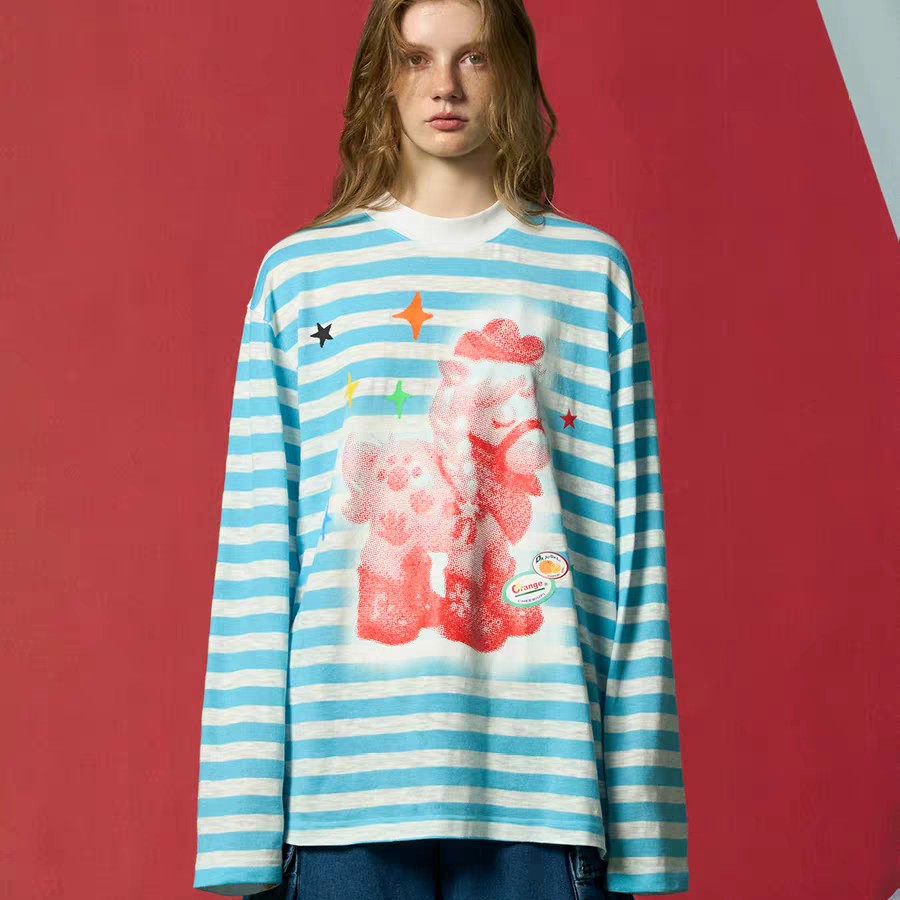 CHEERi UPi 2026年春季新款拍马屁原创设计条纹宽松长袖T恤上衣