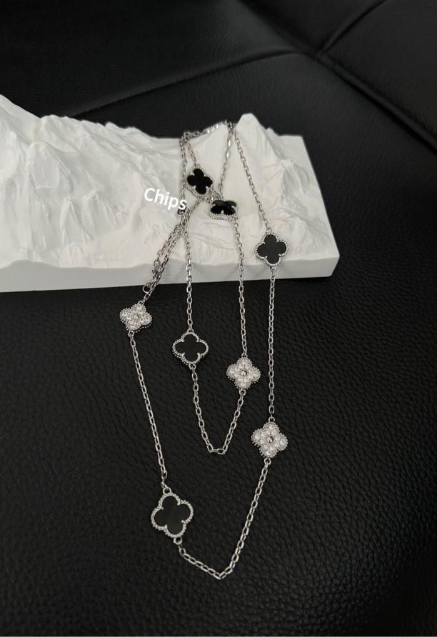 铜合金项链 黑银色 熊猫四叶草项链 长款 毛衣链88cm003