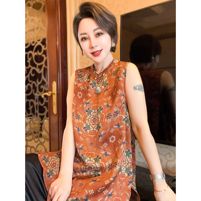 桑蚕丝新中式提花无袖衬衫斜襟精致女装上衣25051645
