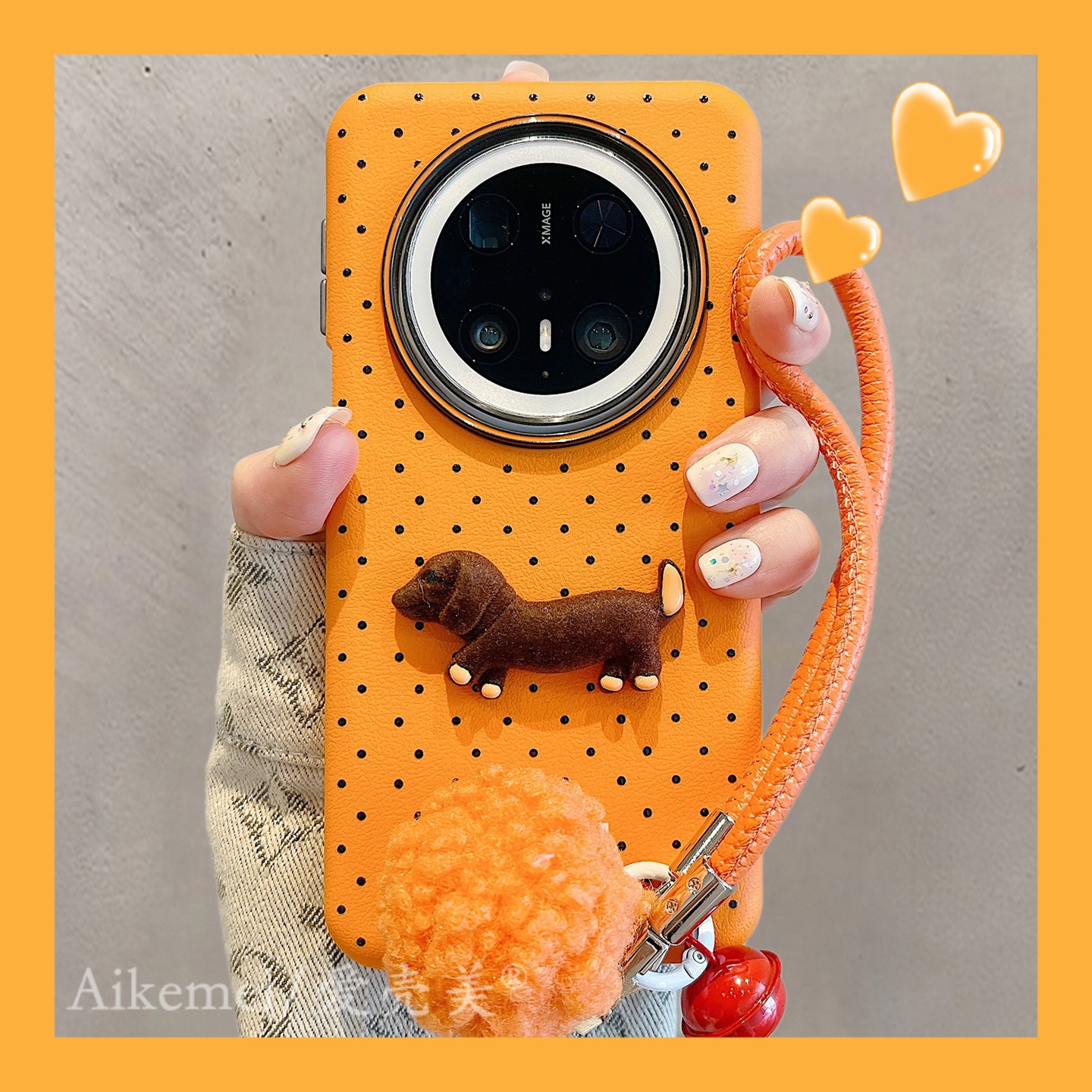 适用华为mate70pro+手机壳纯色皮质mate60pro+波点立体腊肠狗手绳