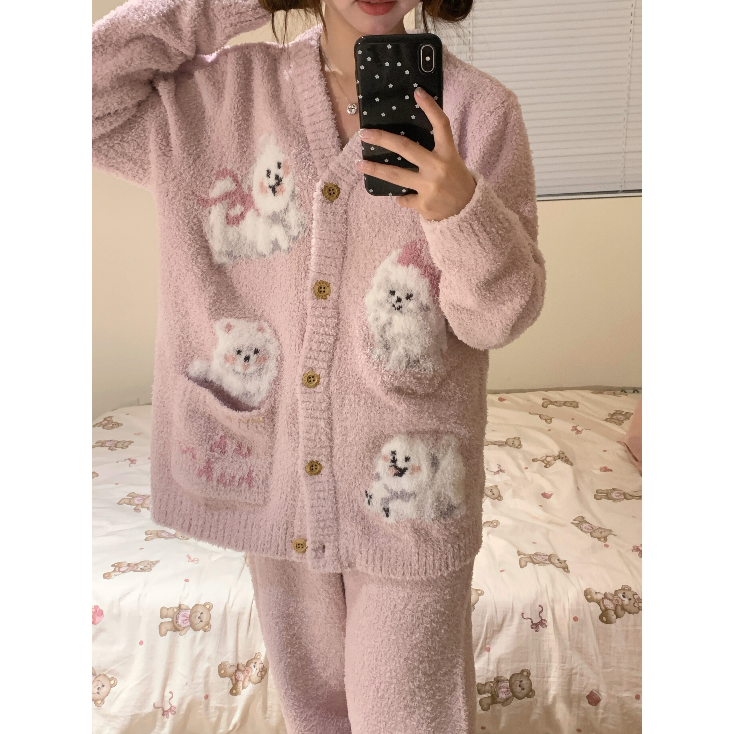 甜美可爱小狗针织半边绒睡衣女冬季保暖家居服开衫长裤套装可外穿