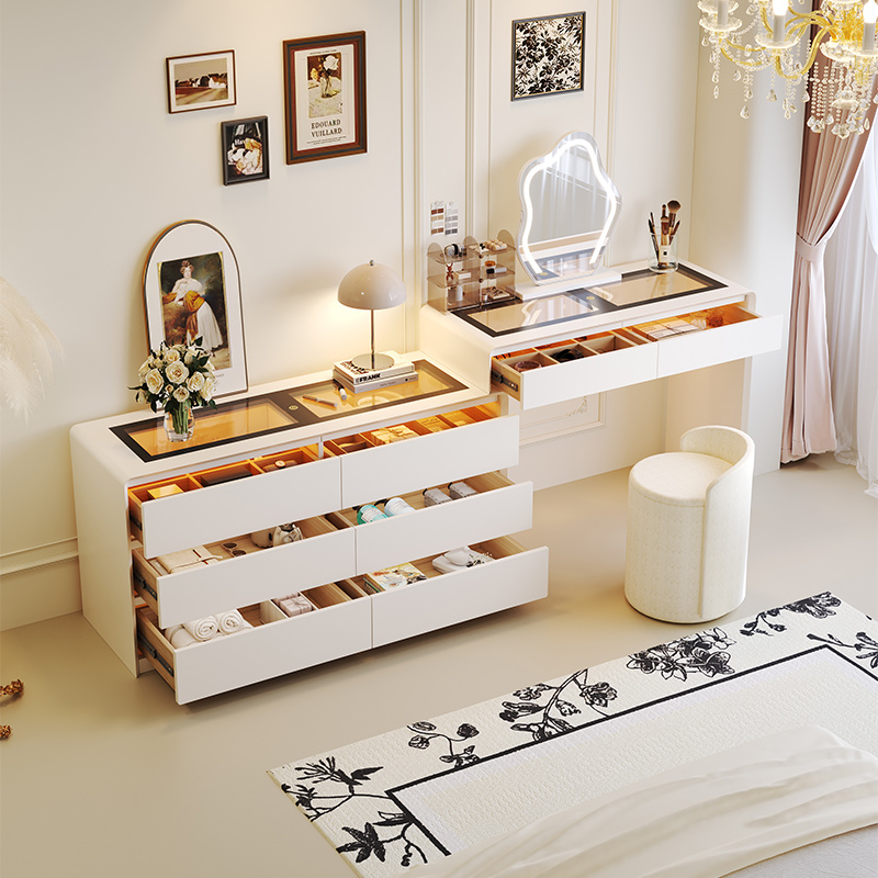 【简约轻奢】天窗版梳妆台卧室斗柜一体奶油风氛围灯简约化妆台W
