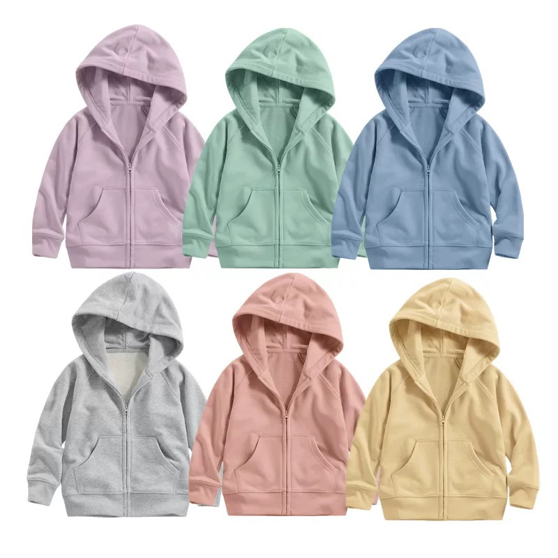 春秋季连帽拉链外套纯棉毛圈男女童纯色休闲开衫柔软中大童外套