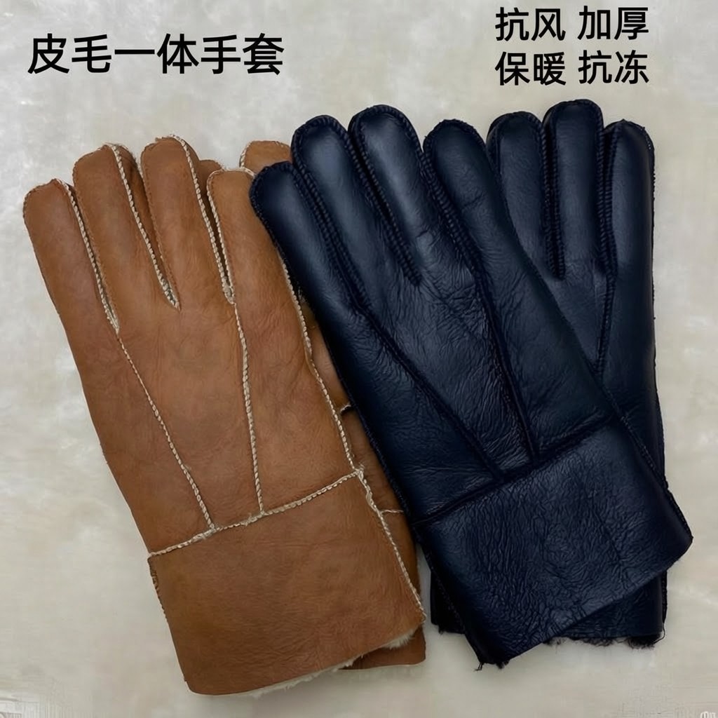 皮手套皮毛一体加厚手套冬季保暖防风抗寒骑车出行户外防护手套商品图