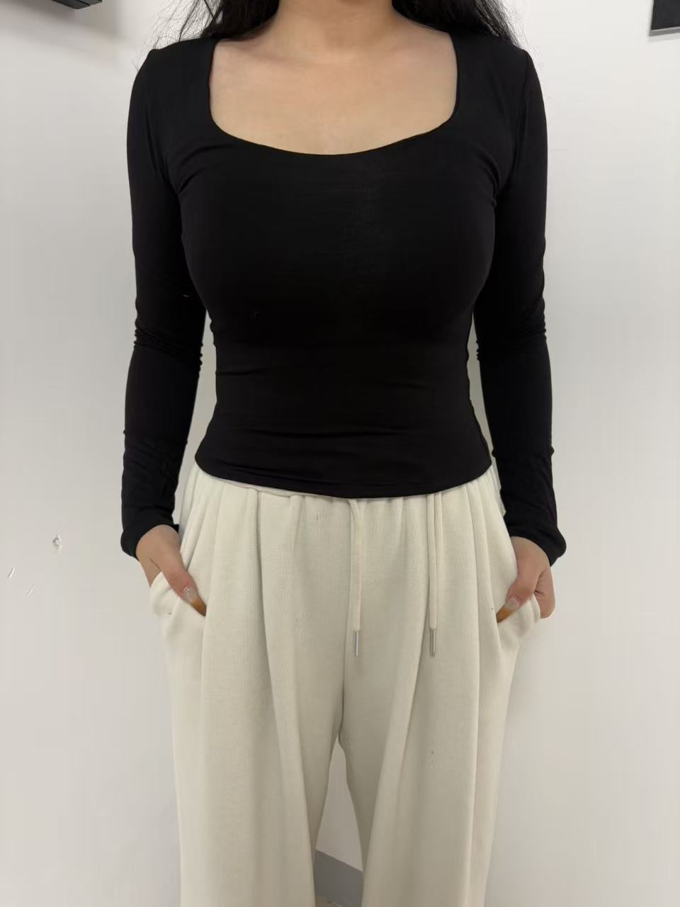 长袖方领极简风韩式方领打底T恤显瘦打底衫