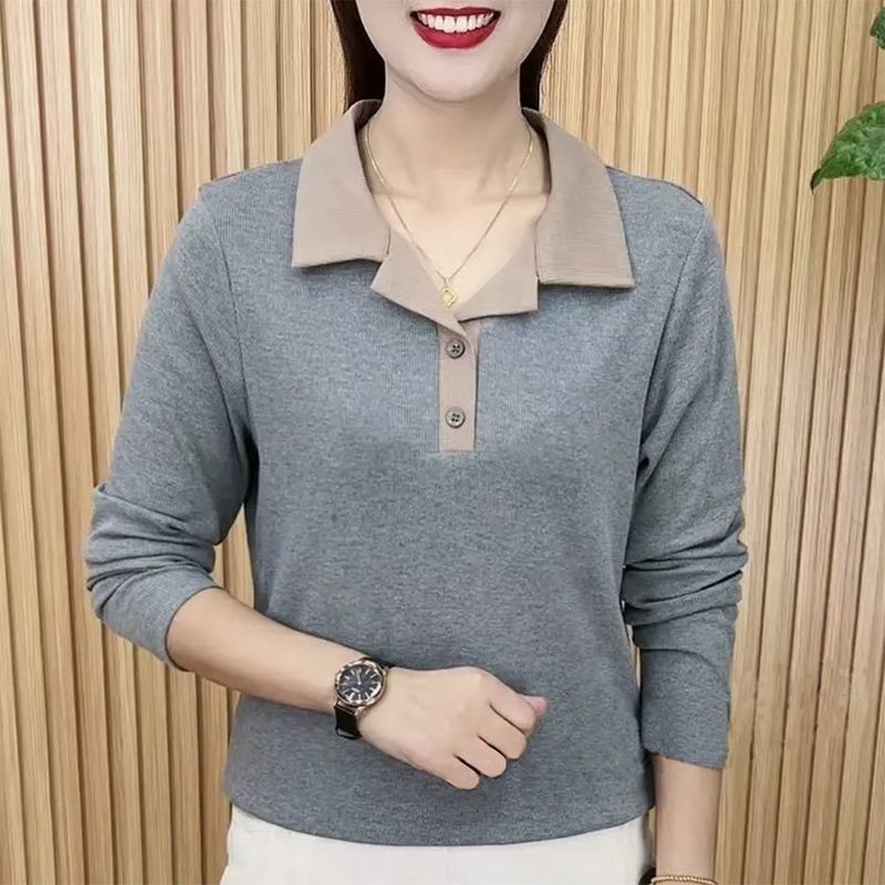 932灰色爆款时尚洋气春季百搭长袖T恤显瘦气质减龄翻领休闲上衣