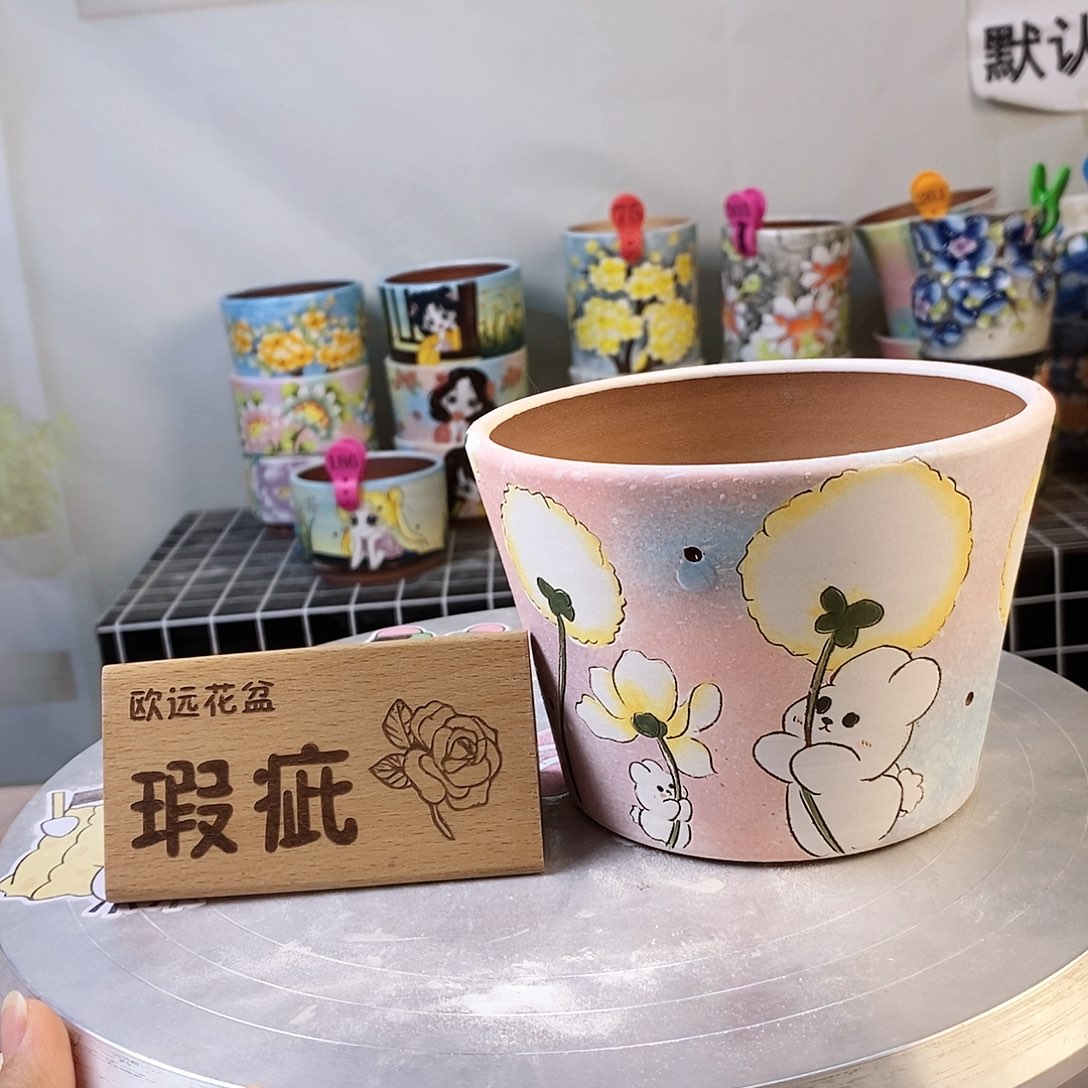 紫砂花盆红陶手绘花盆