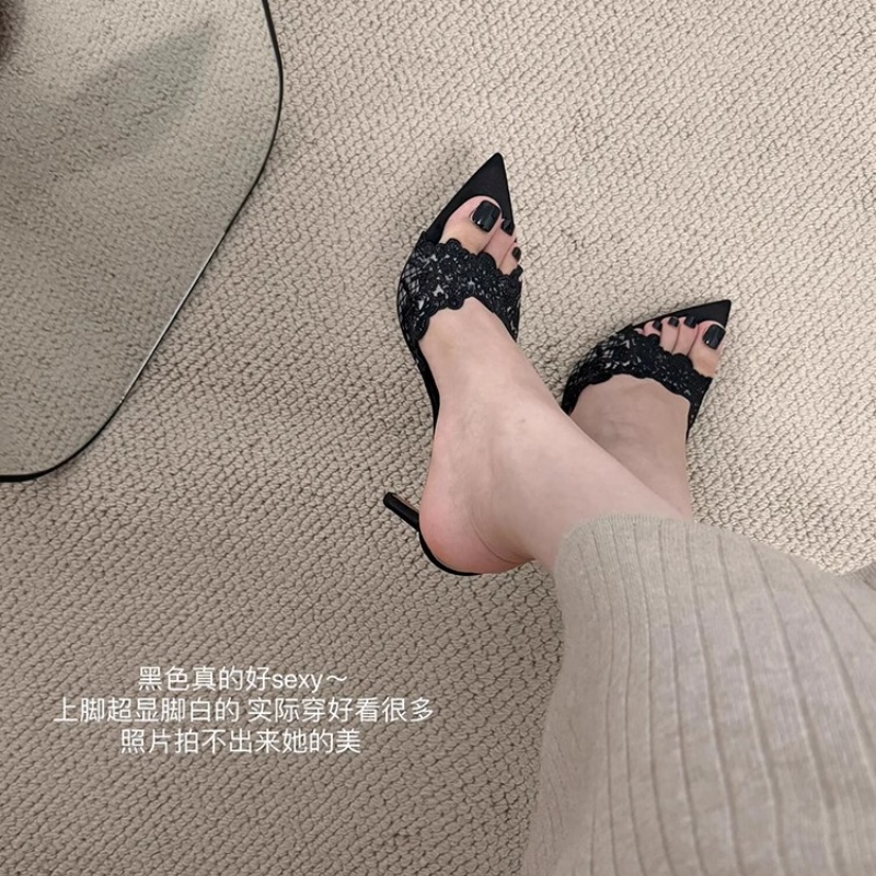 2026法式香槟色蕾丝高跟拖鞋女百搭细跟名媛小众尖头一字拖凉鞋夏 图片 3