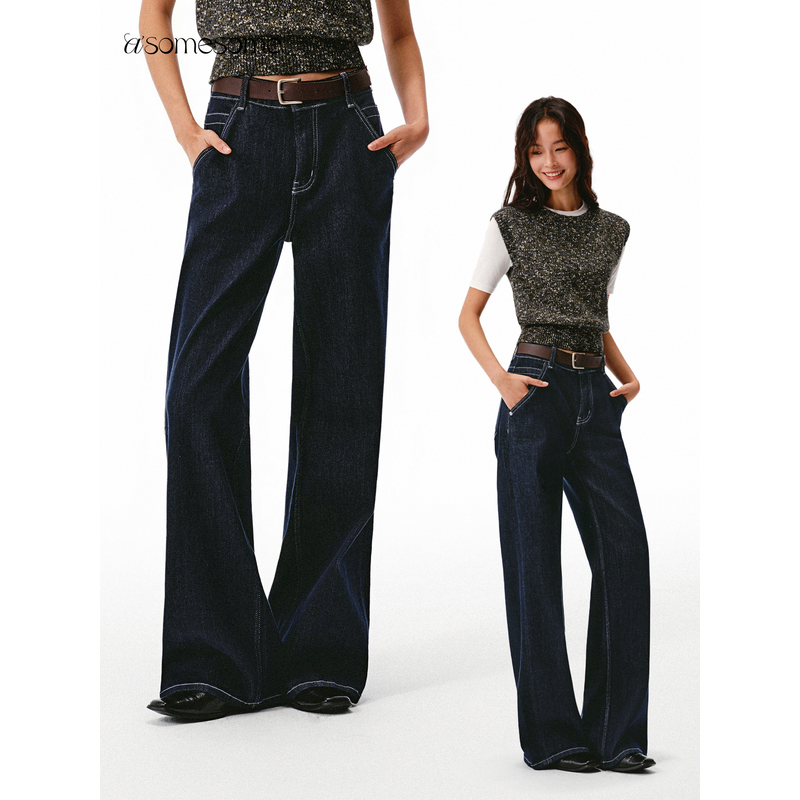 asomesome美式复古原色直筒深蓝丹宁牛仔裤女水洗原牛中低腰裤子