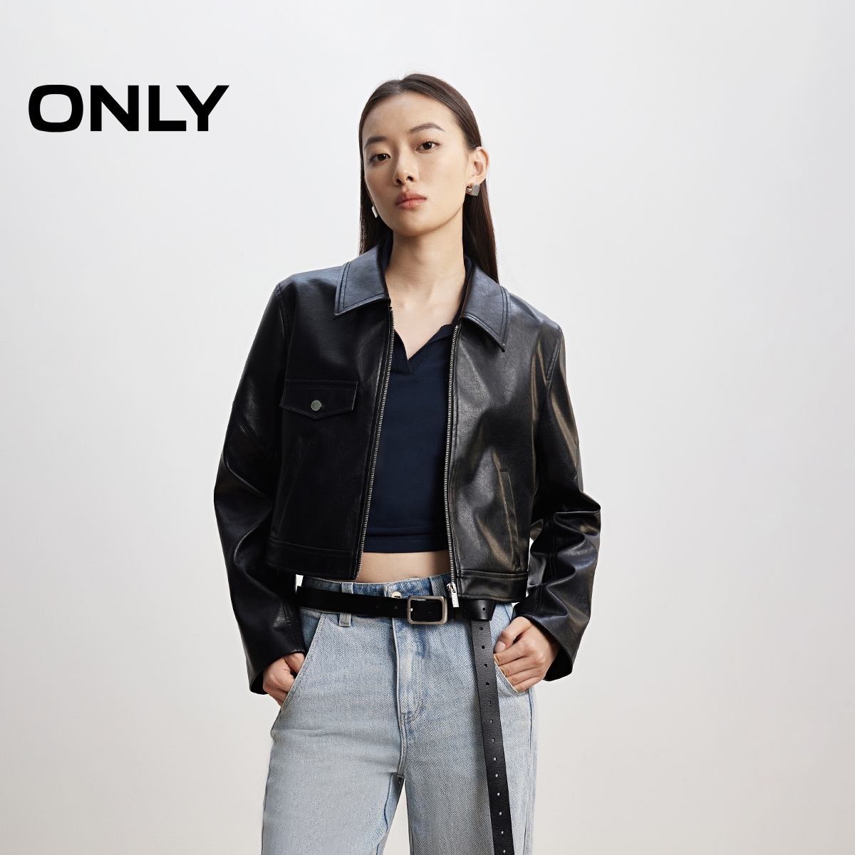 ONLY2025秋季新款时尚帅气正肩短款小个子PU夹克外套女|1253PU015