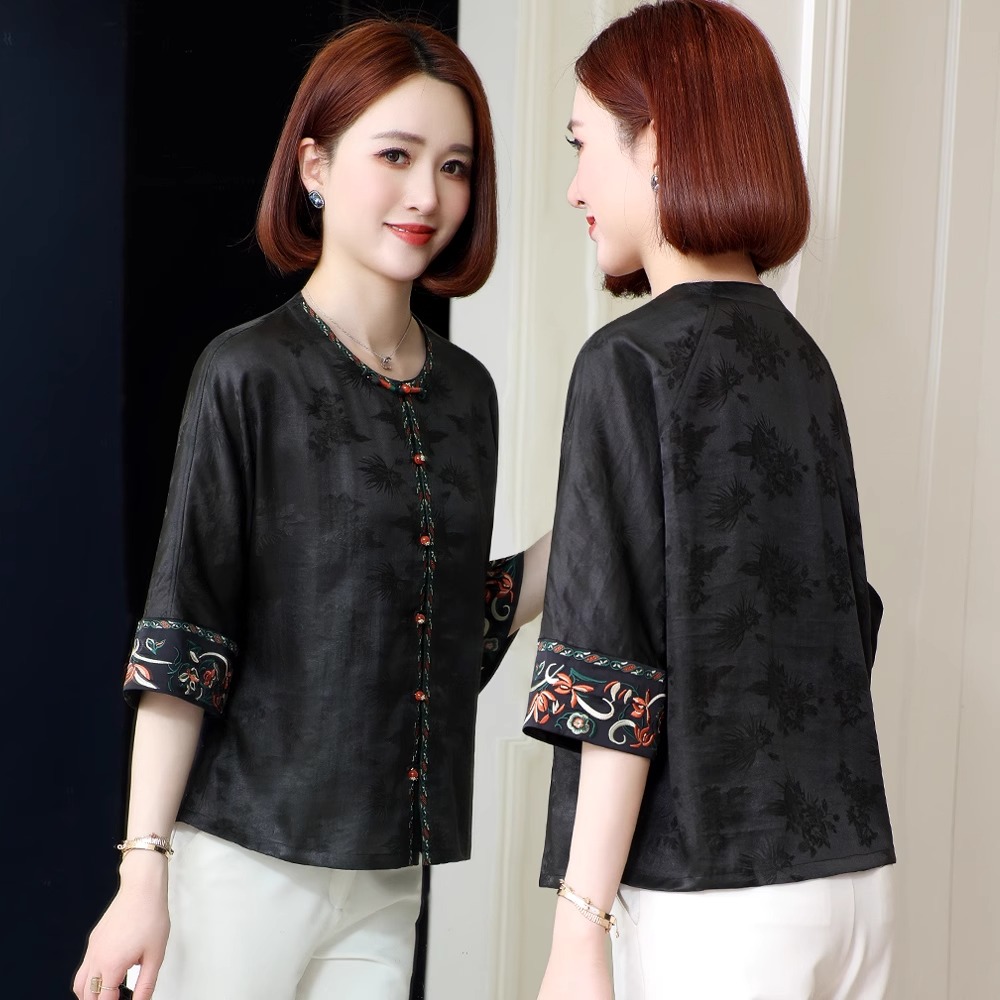 桑蚕丝妈妈装上衣贵夫人香云纱短袖宽松显瘦女复古服装提花真丝