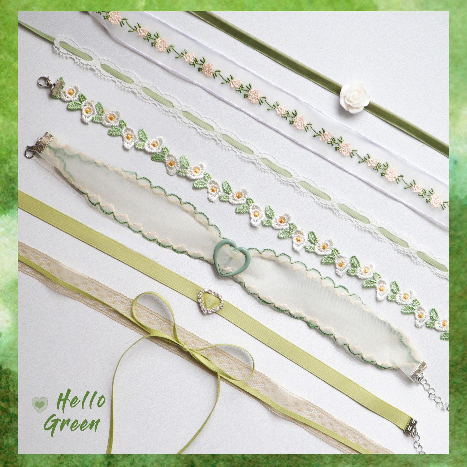 铜合金亚克力吊坠 原创设计新品饰品花卉颈带绿色爱心吊坠颈链Cho