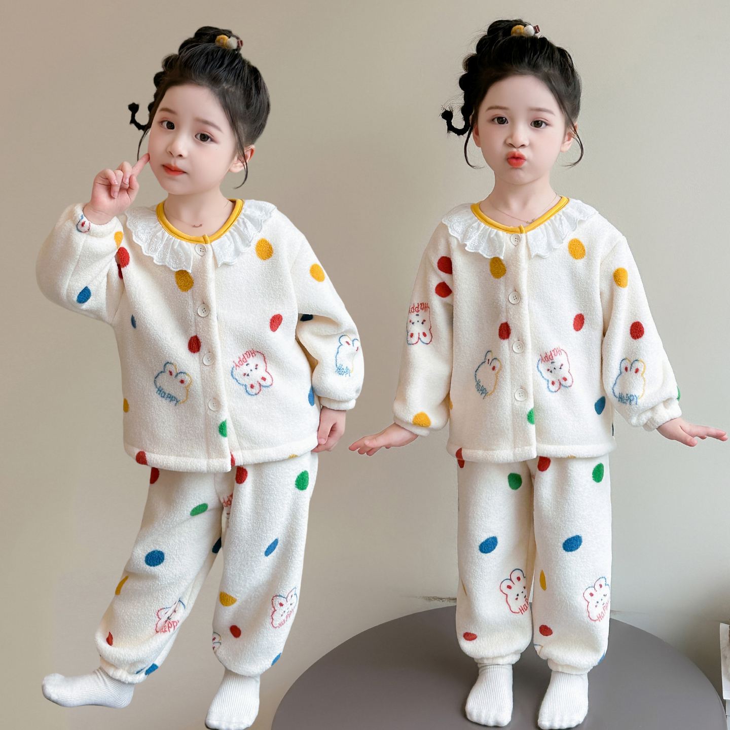 女童睡衣秋冬法兰绒女孩娃娃领开衫公主家居女宝宝杨梅绒保暖套装