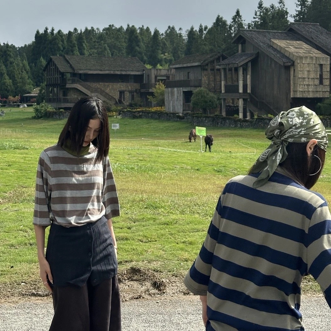 ZLAbout-us【早秋上新】简约领口小设计条纹五分袖