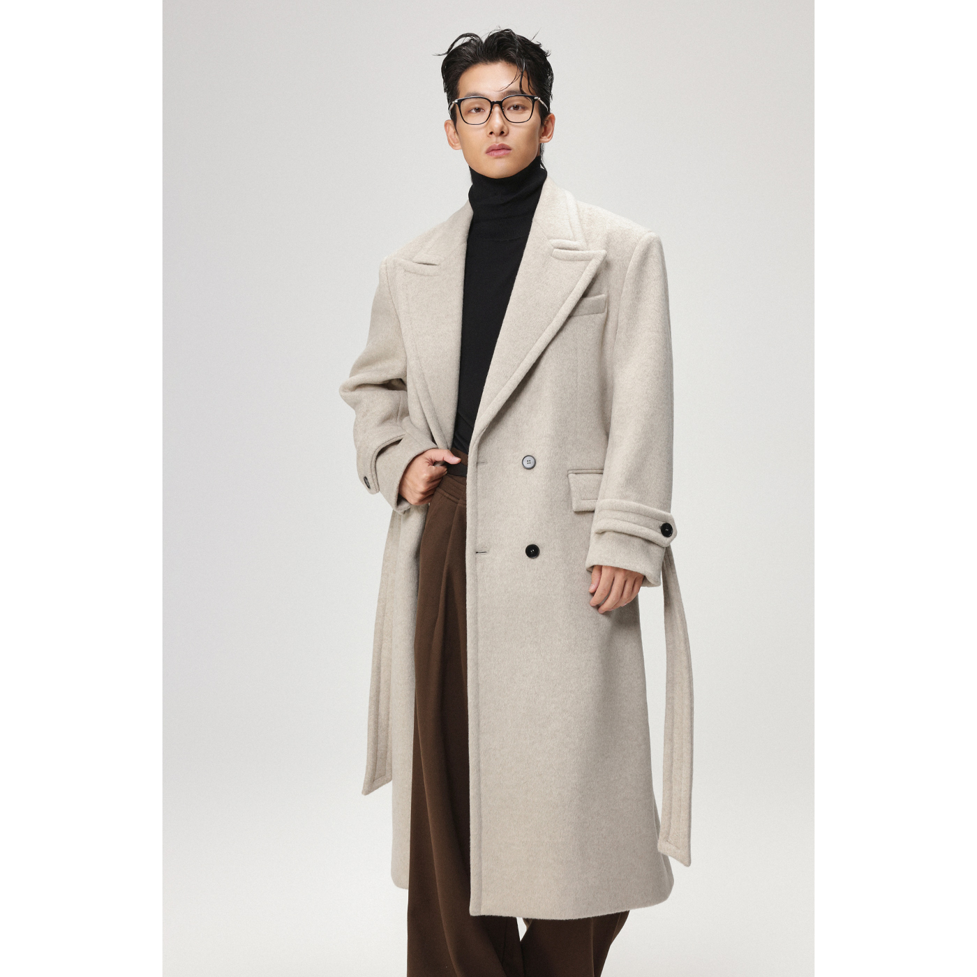 冬季双排扣长款毛呢大衣休闲宽松款双面呢收腰宽肩型大衣77