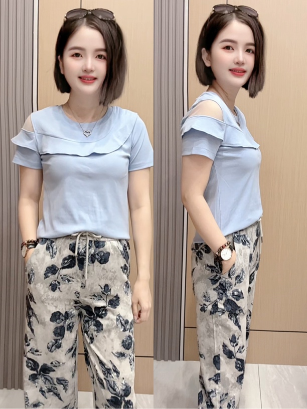 李米米 荷叶边拼接纯色时尚短袖T恤夏季002