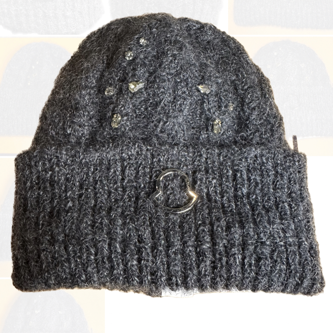 99新 MONCLER 头围46均码蒙口钢标带钻编织灰色帽子MM1女款针织