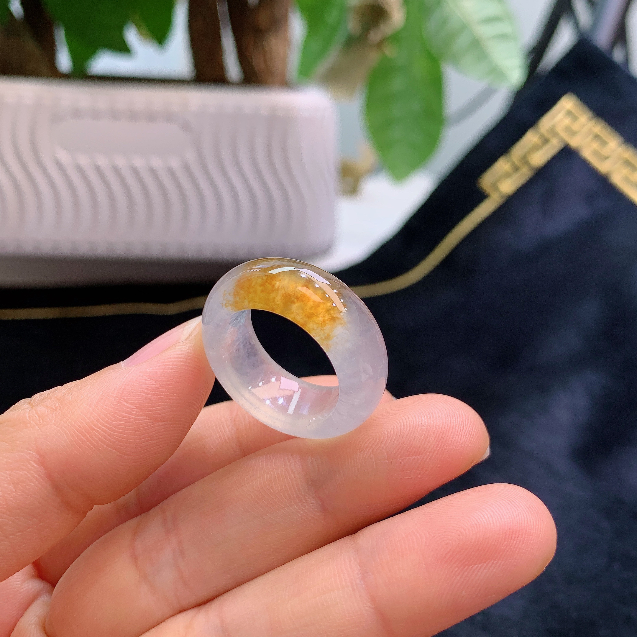 15-16圈口缅甸天然翡翠A货高冰黄翡聚宝盆宽版戒指A1090#