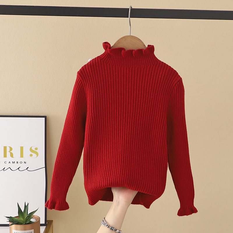 女童打底衫安可拉红色儿童装女孩毛衣木耳边弹力衫中小童内搭粉黑