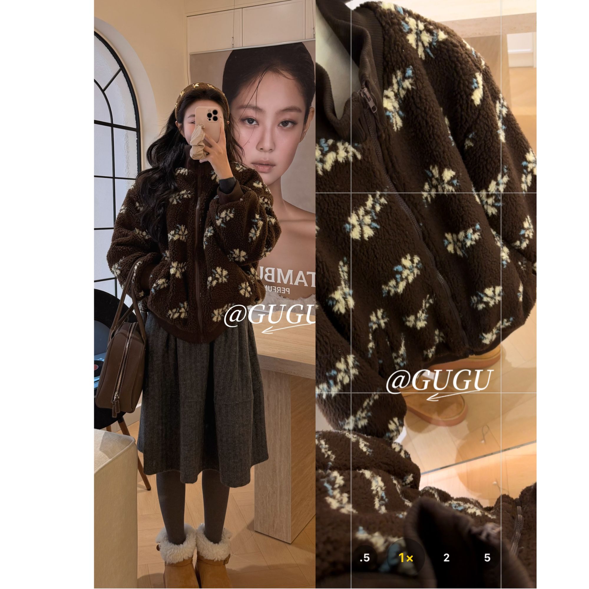 【古古】超火韩代款印花大颗粒摇粒绒复古咖色加厚毛毛外套G625606