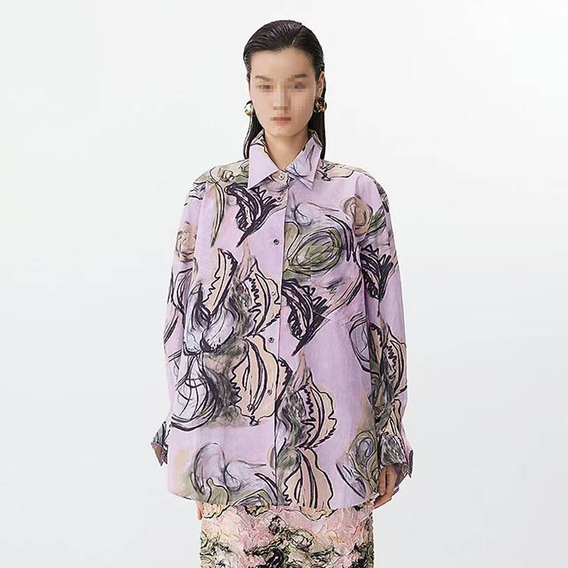 Y601-Y700 春夏新品时尚宽松衬衫浪漫花卉涂鸦上衣女
