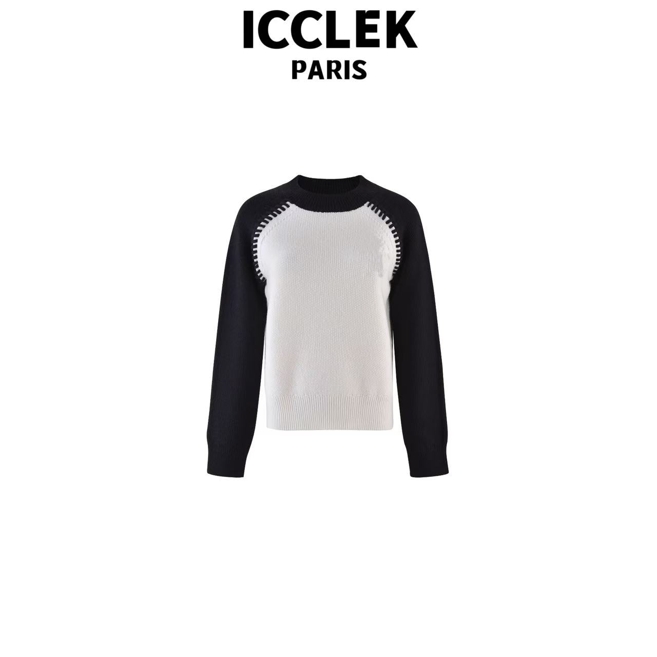 ICCLEK 白色重工圆领撞色刺绣长袖针织衫气质轻奢名媛通 勤 -5091