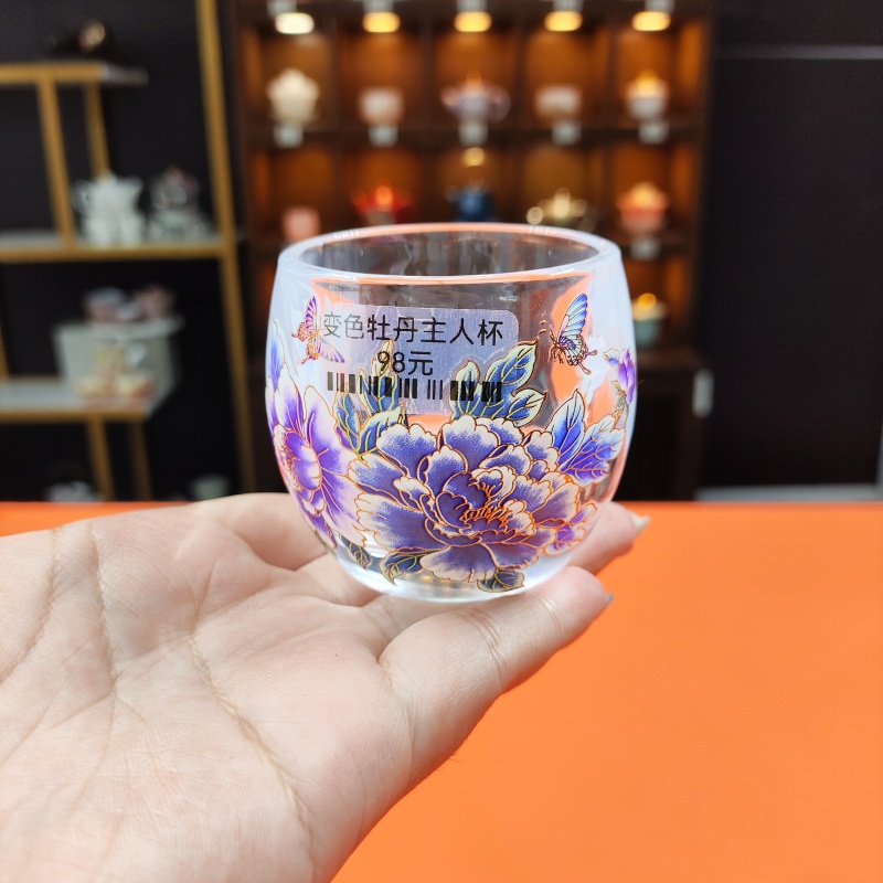 德化云仓  牡丹水晶玻璃茶杯变色主人杯 5377