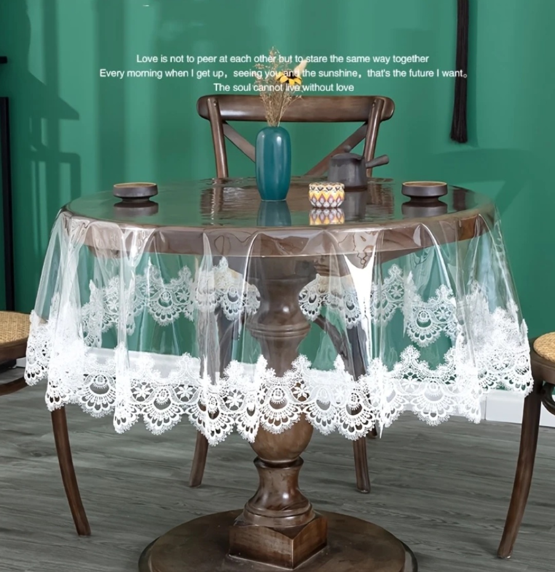 圆形TPU蕾丝边桌布，简洁TPU刺绣蕾丝边防水防油桌布