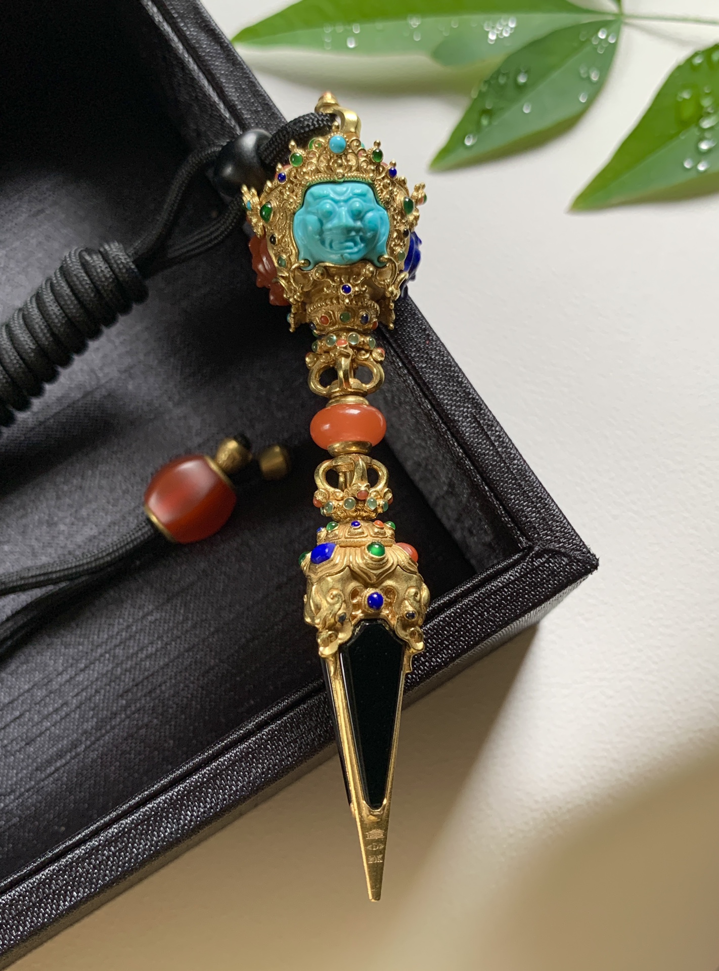 佳佳翡翠 天然缅甸A货翡翠镶嵌墨翠金刚杵吊坠挂件