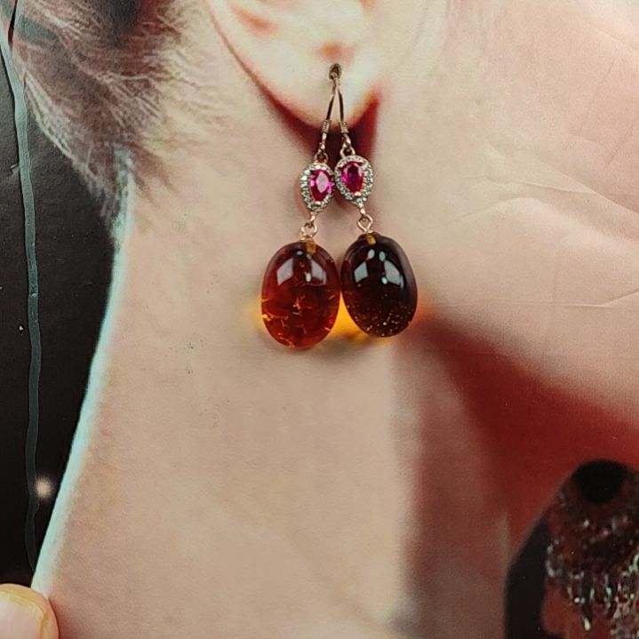 琥珀耳饰银S925镀金镶嵌