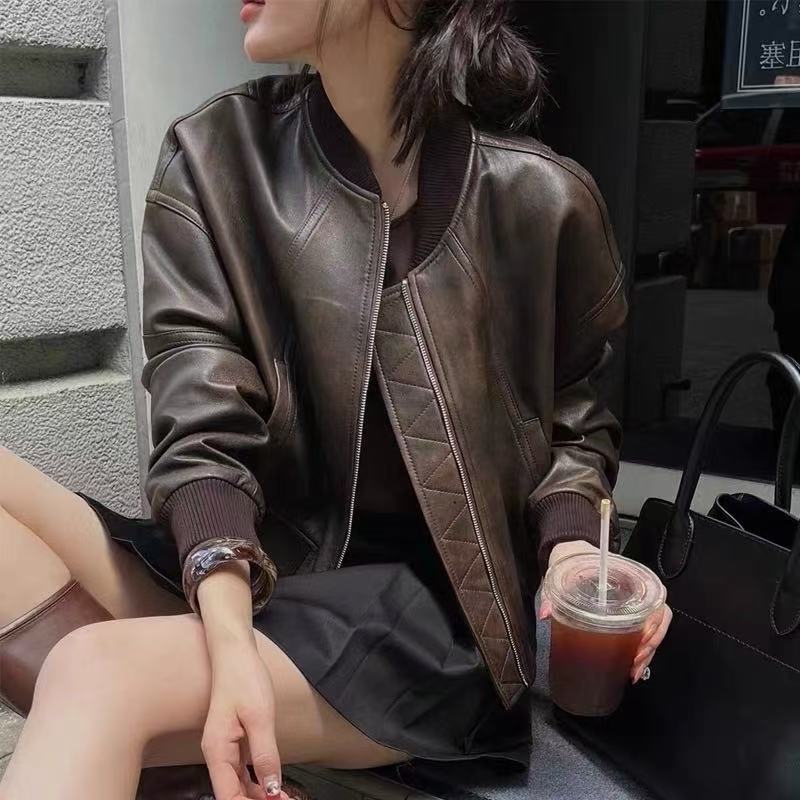 2410全植鞣工艺头层绵羊皮棒球服百搭真皮皮衣外套皮夹克外套女士