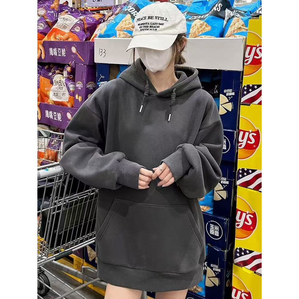 【C550-599】秋冬季新款圆领连帽加绒加厚卫衣男女宽松休闲上衣