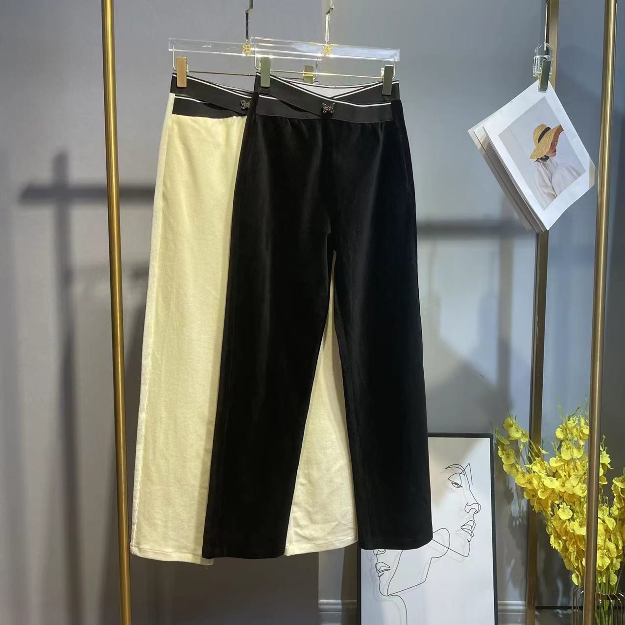 文文【BASSIRIANA】宽松显瘦直筒金丝绒纯色休闲裤2210359