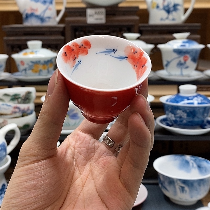 待***沉手绘龙船花杯子60cc釉下彩微瑕福利款