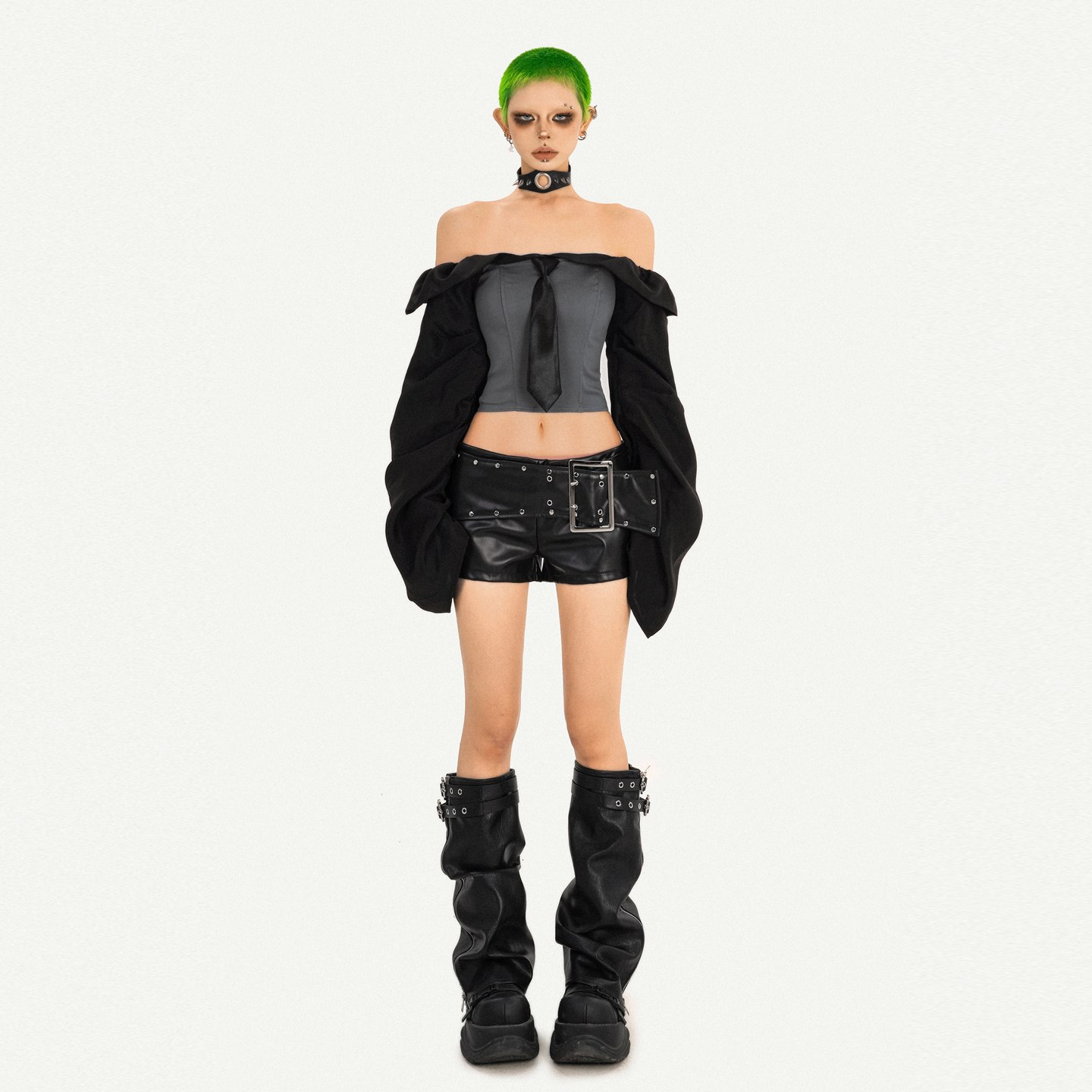 奶酷墨莉性感辣妹一字肩长袖衬衫女秋越南学院JK抹胸上衣S25846