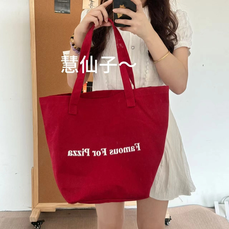 小个子红色百搭女包学生通勤单肩大容量字母帆布休闲简约旅行包