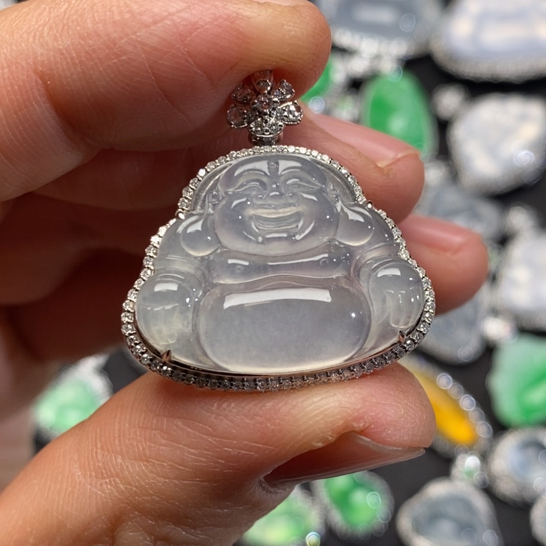 翡翠吊坠(不含链)18K金镶嵌佛公