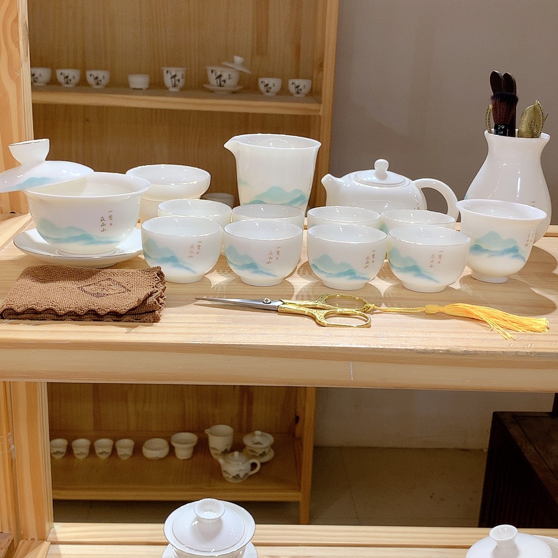 羊脂玉瓷一览众山小22件套功夫茶具
