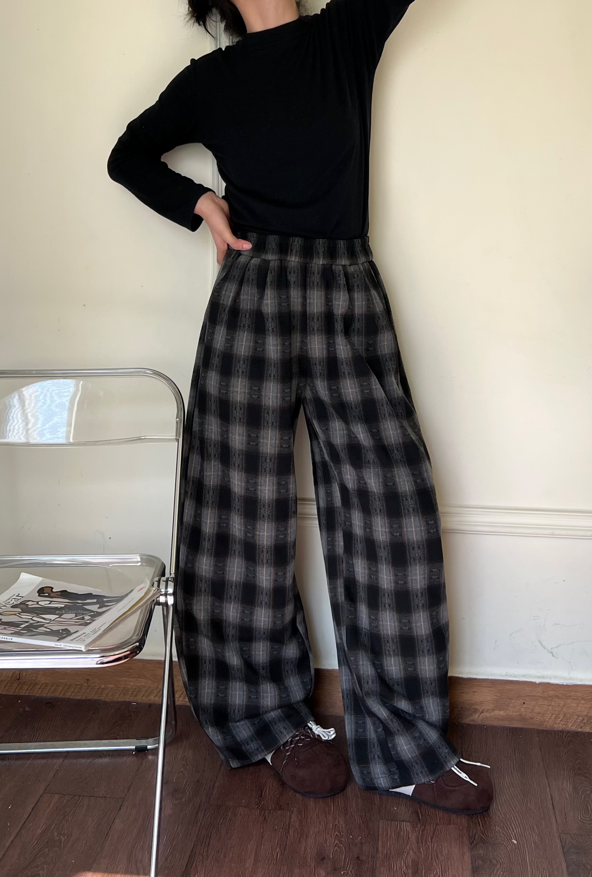 米多多 LX-2520-时尚气质格子宽松直筒裤 裤长103cm